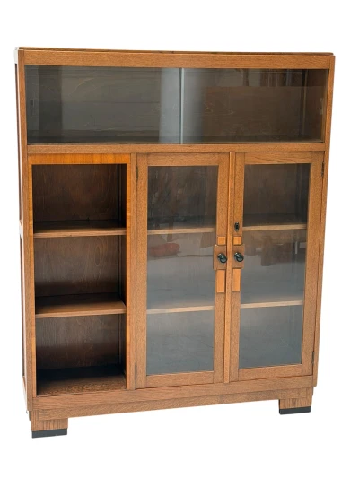 1930s Art Deco Modernist Bookcase, Solid Oak with Glass Doors